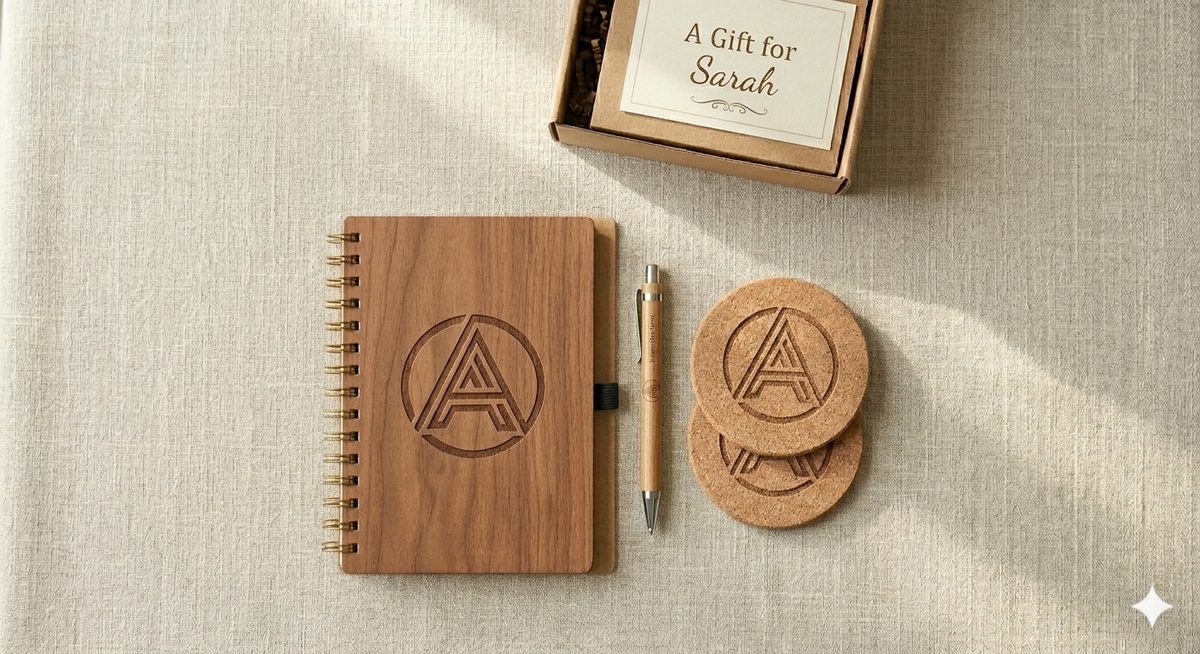 Engraved wood notebook, pen, and cork coasters laid out together as a branded gift set