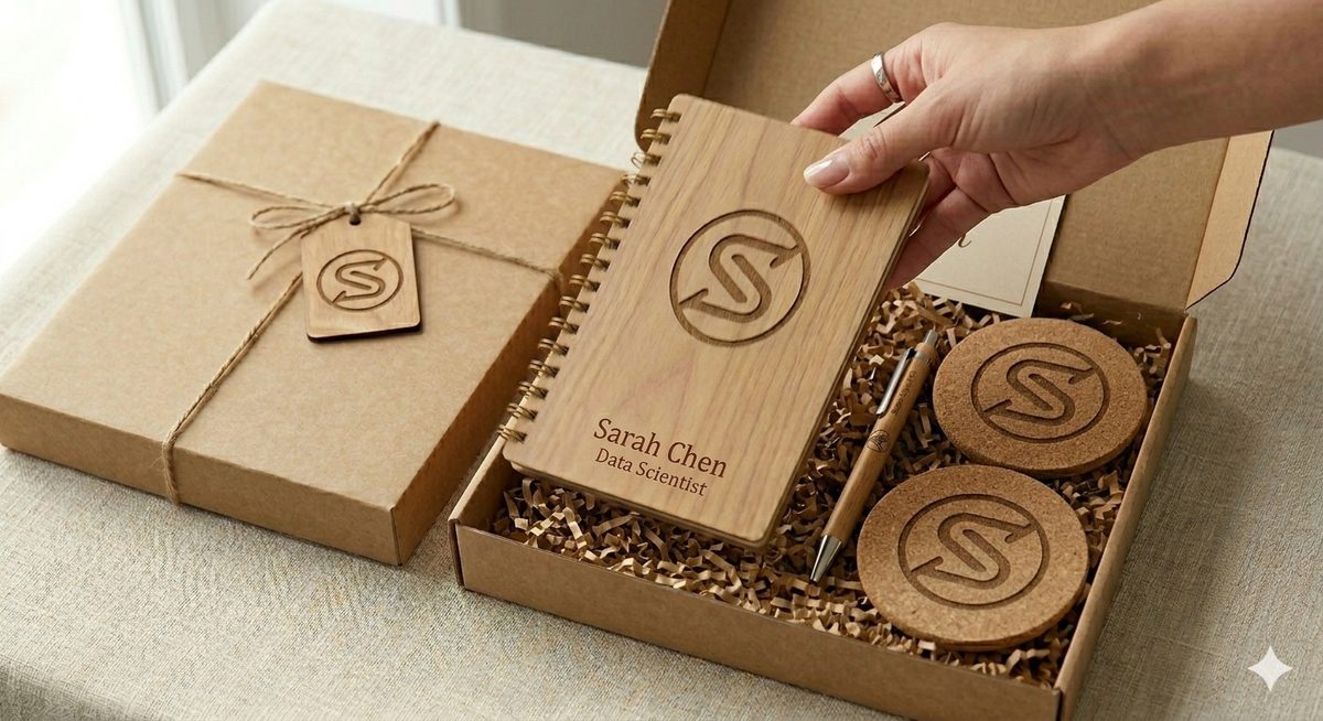 A hand lifting a personalized engraved notebook out of its gift box, with matching cork coasters inside