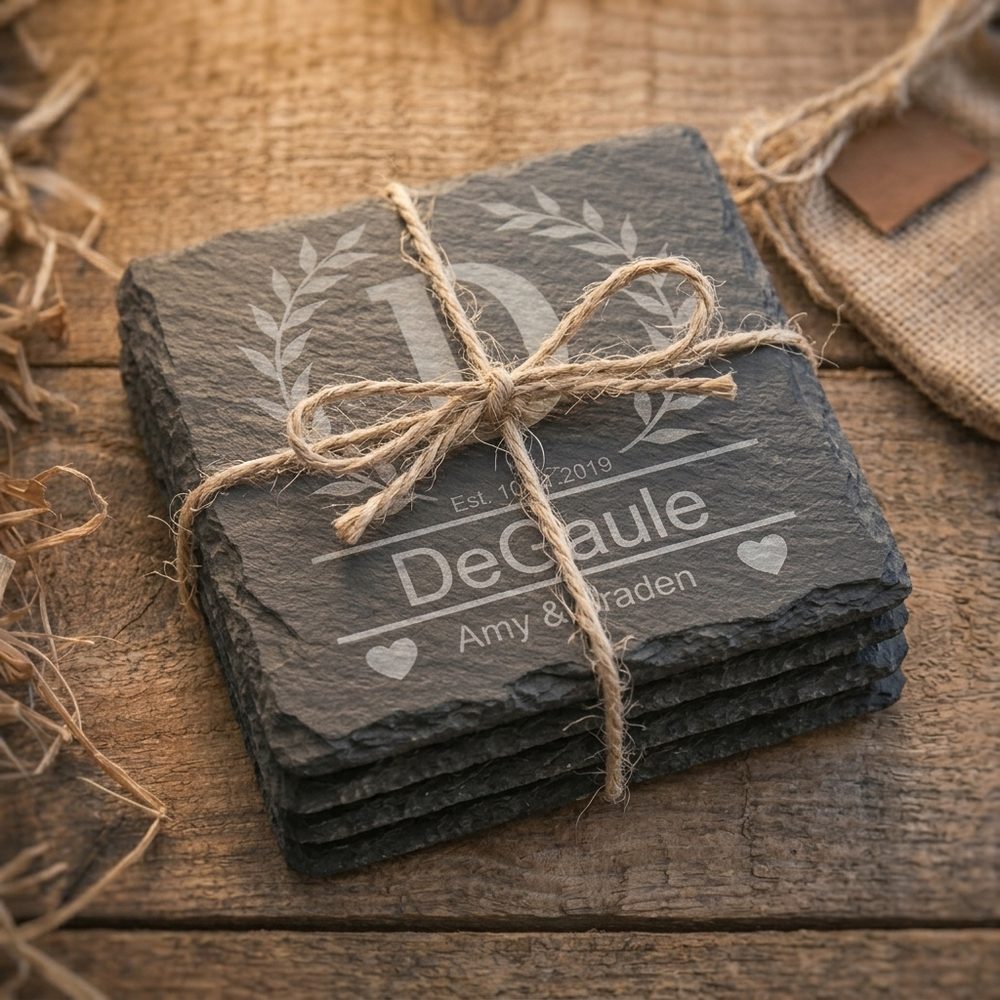 Stack of engraved slate coasters tied with twine, showing fine detail in the engraving