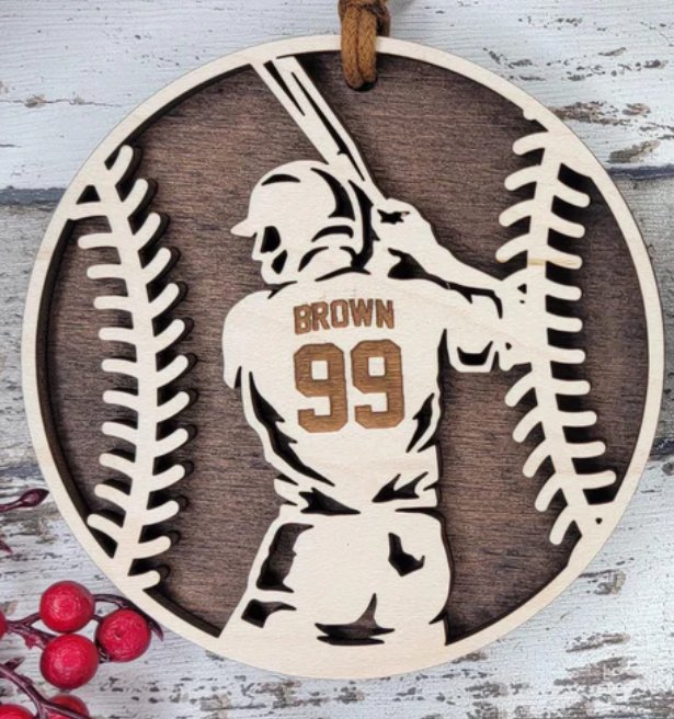Personalized baseball ornament with player name Brown and number 99, laser engraved on wood