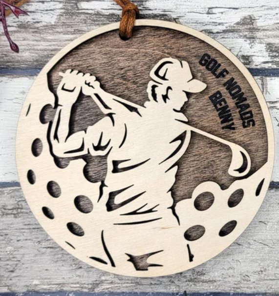 Personalized golf ornament engraved with Golf Nomads and the name Benny